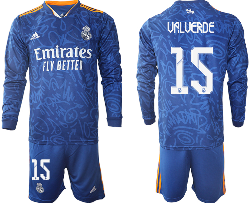 Men 2021-2022 Club Real Madrid away blue Long Sleeve #15 Soccer Jersey